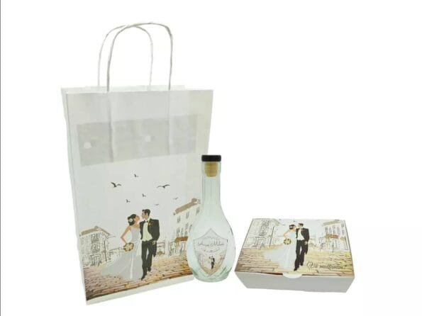 E-marturii.ro magazinul tau cu invitatii nunta SET Marturie nunta 7 Pungi Sticle 250ml Cutii 200g M447