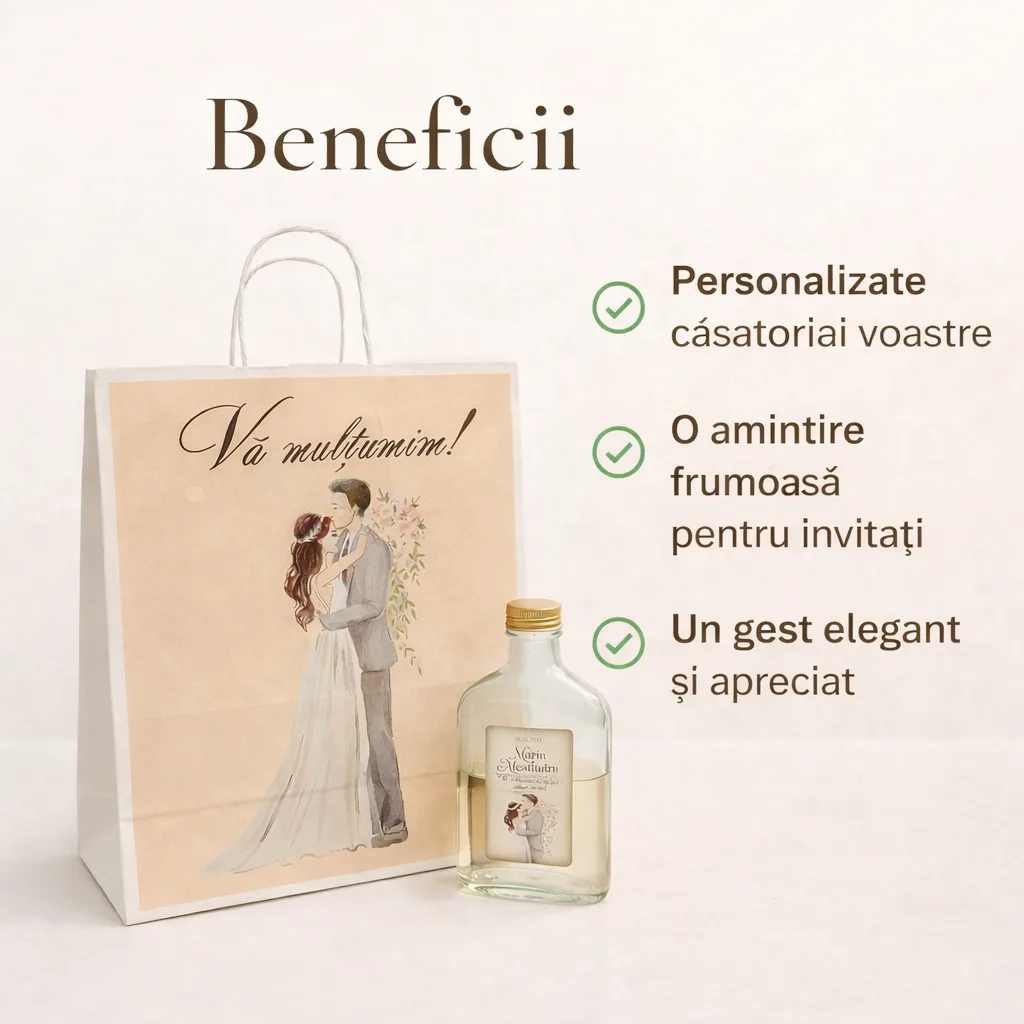 Set marturii nunta cu sticla 200 ml si punga personalizata M63696 Set marturii nunta cu sticla 200 ml si punga personalizata M63696