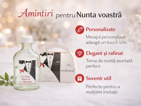 SET Marturie nunta 1 Pungi Sticle 200ml Cutii 200g M3902