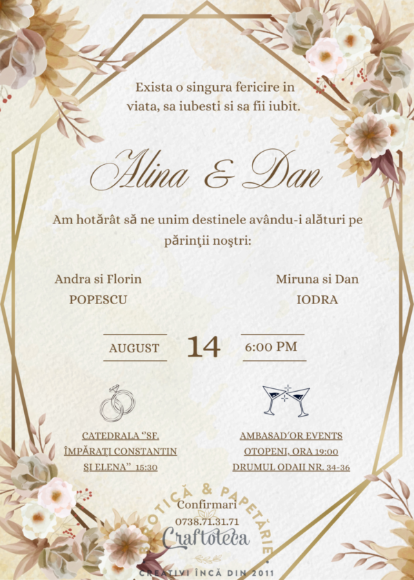 Invitatie online nunta aurie cu trandafiri Invitatie online nunta aurie cu trandafiri
