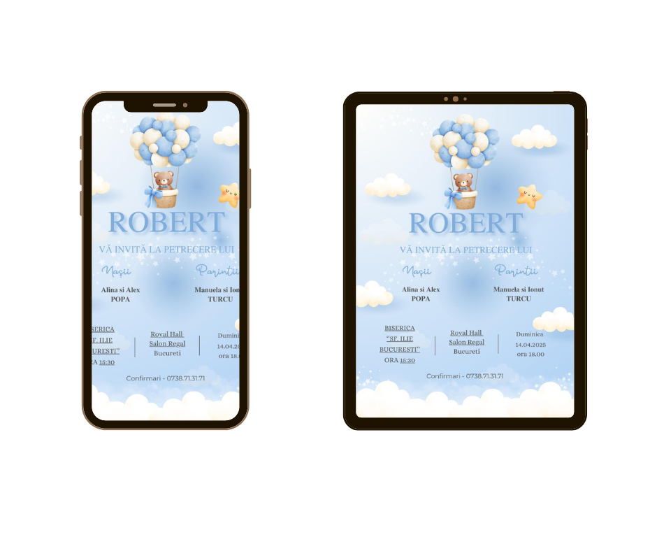 Invitatie online botez albastra cu baloane Invitatie online botez albastra cu baloane